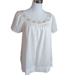 NEW CHARTER CLUB Artsy Beaded Blouse‎ Peasant Top M Cotton Boho Fresh Breathable